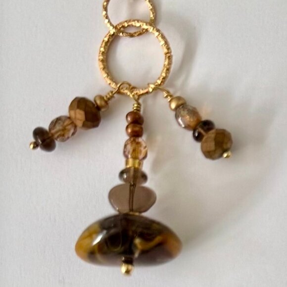 Necklace handmade 3 tier dangle gold tone tortoise bronze glass/beads metal OOAK - Picture 1 of 5